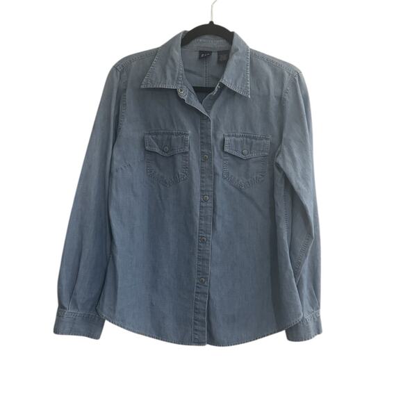 GAP Womens Large Western Denim Long Sleeve Snap Chambray Shirt Top #5077 - Picture 1 of 10